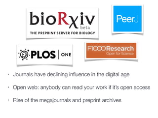 • Journals have declining inﬂuence in the digital age
• Open web: anybody can read your work if it’s open access
• Rise of the megajournals and preprint archives
 