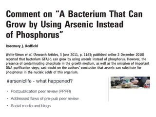 #arseniclife - what happened?

!
• Postpublication peer review (PPPR)
• Addressed ﬂaws of pre-pub peer review
• Social media and blogs
 