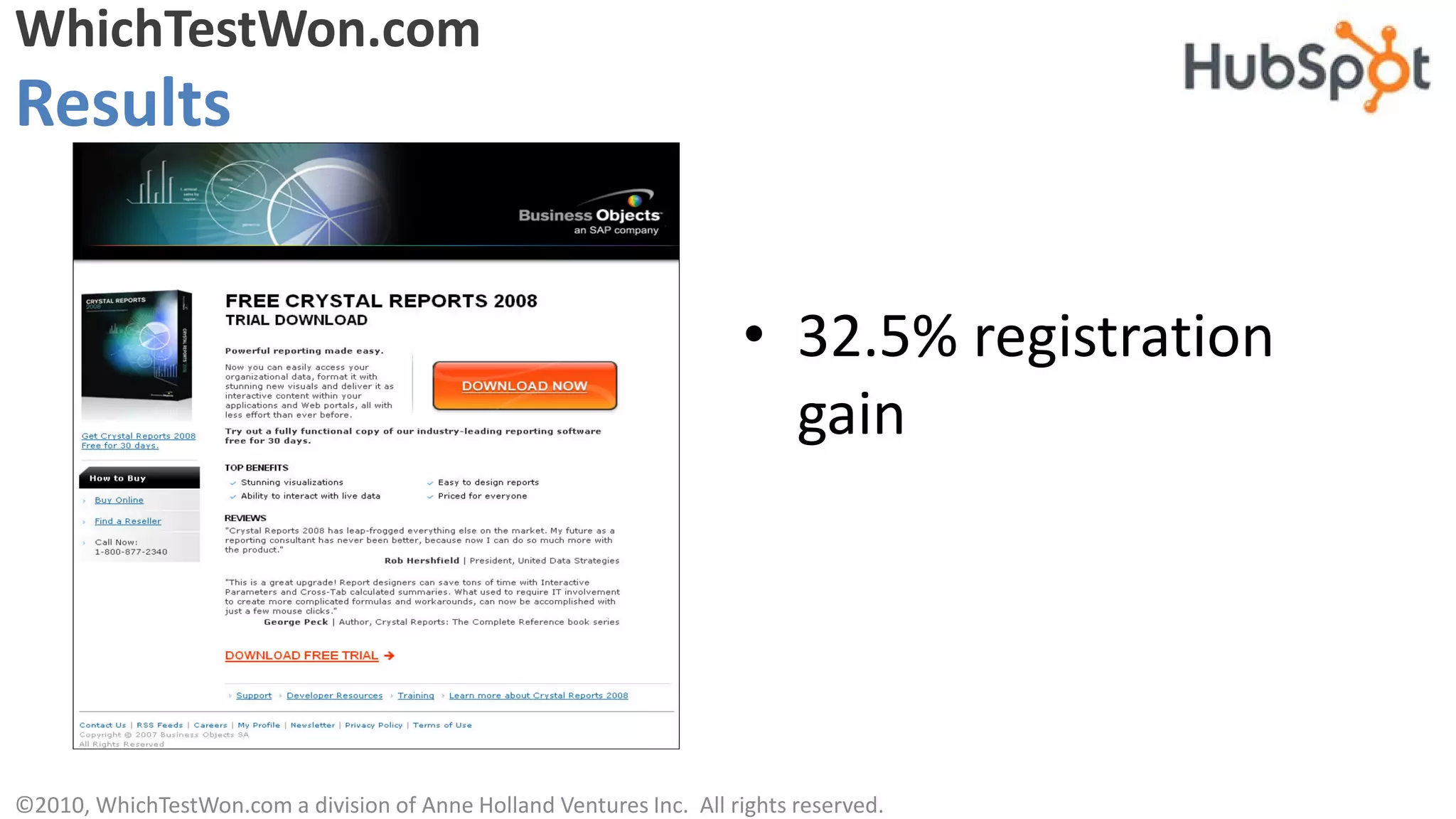 WhichTestWon.com
Results


                                                                       • 32.5% registration
                                                                         gain




©2010, WhichTestWon.com a division of Anne Holland Ventures Inc. All rights reserved.
 