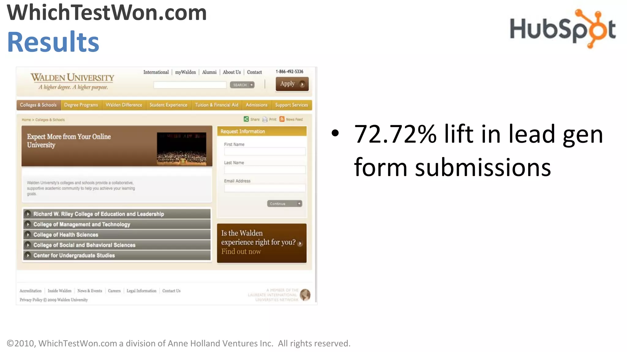 WhichTestWon.com
Results

                                                                               • 72.72% lift in lead gen
                                                                                 form submissions




©2010, WhichTestWon.com a division of Anne Holland Ventures Inc. All rights reserved.
 