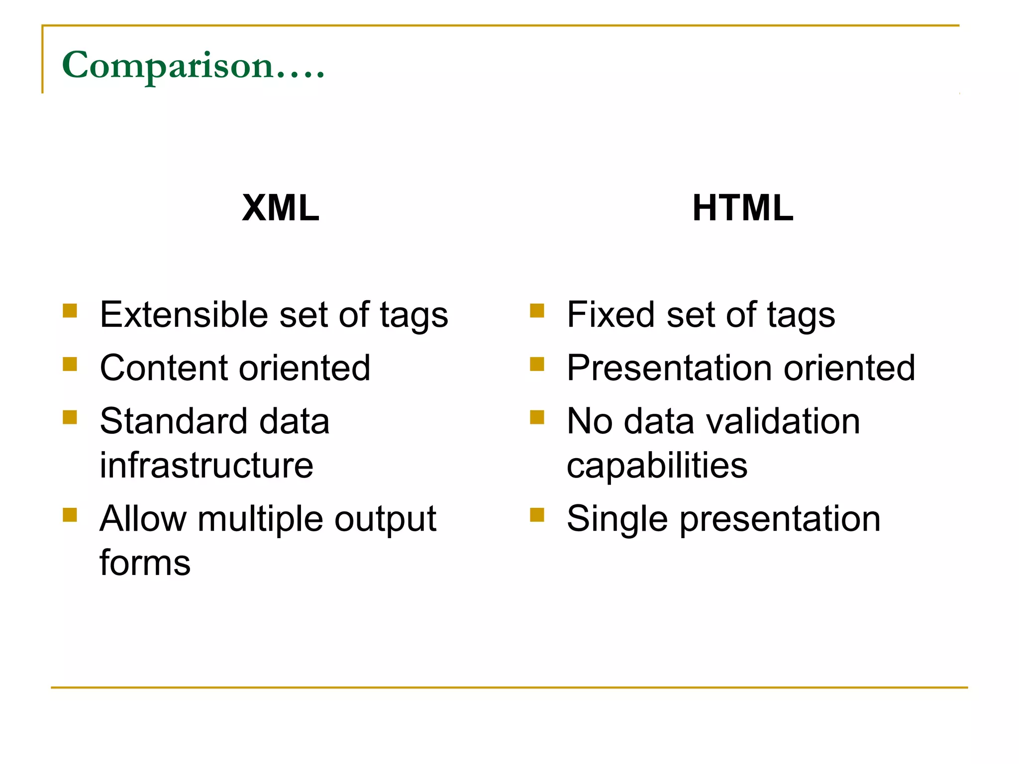 Comparison….
XML
 Extensible set of tags
 Content oriented
 Standard data
infrastructure
 Allow multiple output
forms
HTML
 Fixed set of tags
 Presentation oriented
 No data validation
capabilities
 Single presentation
 