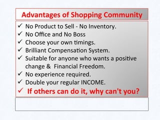 ü  No	
  Product	
  to	
  Sell	
  -­‐	
  No	
  Inventory.	
  	
  
ü  No	
  Oﬃce	
  and	
  No	
  Boss	
  
ü  Choose	
  your	
  own	
  5mings.	
  
ü  Brilliant	
  Compensa5on	
  System.	
  	
  
ü  Suitable	
  for	
  anyone	
  who	
  wants	
  a	
  posi5ve	
  
change	
  &	
  	
  Financial	
  Freedom.	
  
ü  No	
  experience	
  required.	
  	
  
ü  Double	
  your	
  regular	
  INCOME.	
  
ü  If	
  others	
  can	
  do	
  it,	
  why	
  can't	
  you?	
  
Advantages	
  of	
  Shopping	
  Community	
  
 