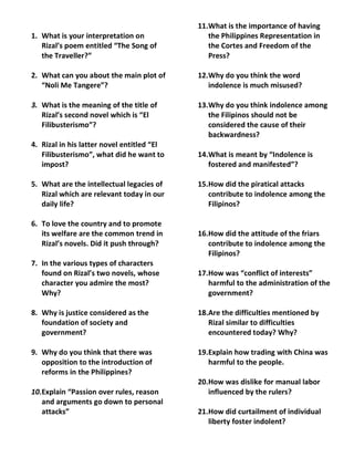 11.What is the importance of having
1. What is your interpretation on              the Philippines Representation in
   Rizal’s poem entitled “The Song of          the Cortes and Freedom of the
   the Traveller?”                             Press?

2. What can you about the main plot of      12.Why do you think the word
   “Noli Me Tangere”?                          indolence is much misused?

3. What is the meaning of the title of      13.Why do you think indolence among
   Rizal’s second novel which is “El           the Filipinos should not be
   Filibusterismo”?                            considered the cause of their
                                               backwardness?
4. Rizal in his latter novel entitled “El
   Filibusterismo”, what did he want to     14.What is meant by “Indolence is
   impost?                                     fostered and manifested”?

5. What are the intellectual legacies of    15.How did the piratical attacks
   Rizal which are relevant today in our       contribute to indolence among the
   daily life?                                 Filipinos?

6. To love the country and to promote
   its welfare are the common trend in      16.How did the attitude of the friars
   Rizal’s novels. Did it push through?        contribute to indolence among the
                                               Filipinos?
7. In the various types of characters
   found on Rizal’s two novels, whose       17.How was “conflict of interests”
   character you admire the most?              harmful to the administration of the
   Why?                                        government?

8. Why is justice considered as the         18.Are the difficulties mentioned by
   foundation of society and                   Rizal similar to difficulties
   government?                                 encountered today? Why?

9. Why do you think that there was          19.Explain how trading with China was
   opposition to the introduction of           harmful to the people.
   reforms in the Philippines?
                                            20.How was dislike for manual labor
10.Explain “Passion over rules, reason         influenced by the rulers?
   and arguments go down to personal
   attacks”                                 21.How did curtailment of individual
                                               liberty foster indolent?
 