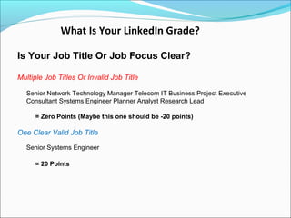 What Is Your LinkedIn Grade?

Is Your Job Title Or Job Focus Clear?

Multiple Job Titles Or Invalid Job Title

  Senior Ne...
