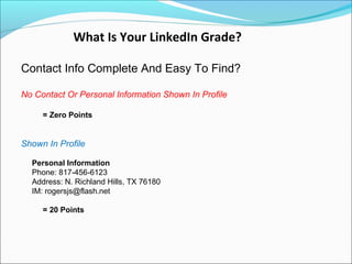 What Is Your LinkedIn Grade?

Contact Info Complete And Easy To Find?

No Contact Or Personal Information Shown In Profile...