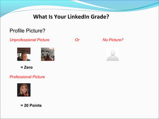 What Is Your LinkedIn Grade?

Profile Picture?
Unprofessional Picture        Or        No Picture?




      = Zero

Profe...