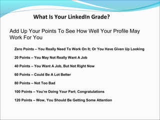 What Is Your LinkedIn Grade?

Add Up Your Points To See How Well Your Profile May
Work For You

 Zero Points – You Really ...