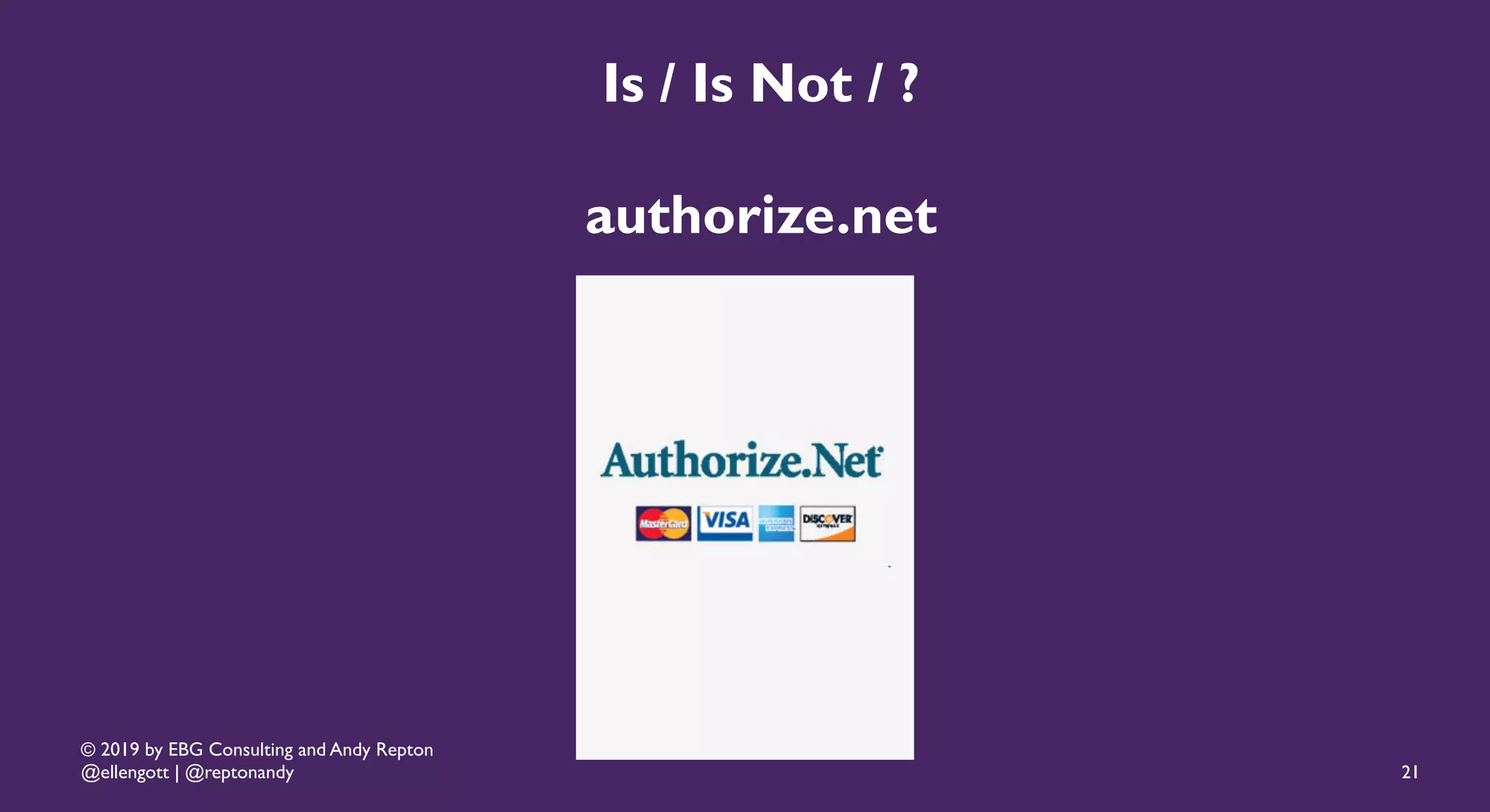 © 2019 by EBG Consulting and Andy Repton
@ellengott | @reptonandy
Is / Is Not / ?
authorize.net
21
 