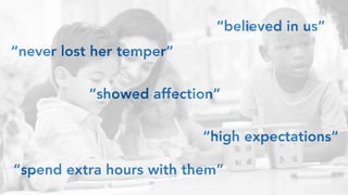 “never lost her temper”
“showed affection”
“believed in us”
“spend extra hours with them”
“high expectations”
 