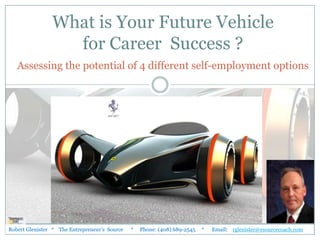 What is Your Future Vehicle for Career  Success ?Assessing the potential of 4 different self-employment options Robert Glenister   *The Entrepreneur’s  Source      *Phone: (408) 689-2545     *Email:    rglenister@esourcecoach.com 