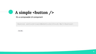 A simple <button />
It’s a composable UI component
<button onClick={callMeOnClick}>Click Me!</button>
 