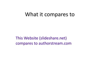 What it compares to


This Website (slideshare.net)
compares to authorstream.com
 
