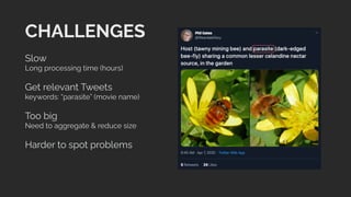 CHALLENGES
Slow
Long processing time (hours)
Get relevant Tweets
keywords: “parasite” (movie name)
Too big
Need to aggregate & reduce size
Harder to spot problems
 