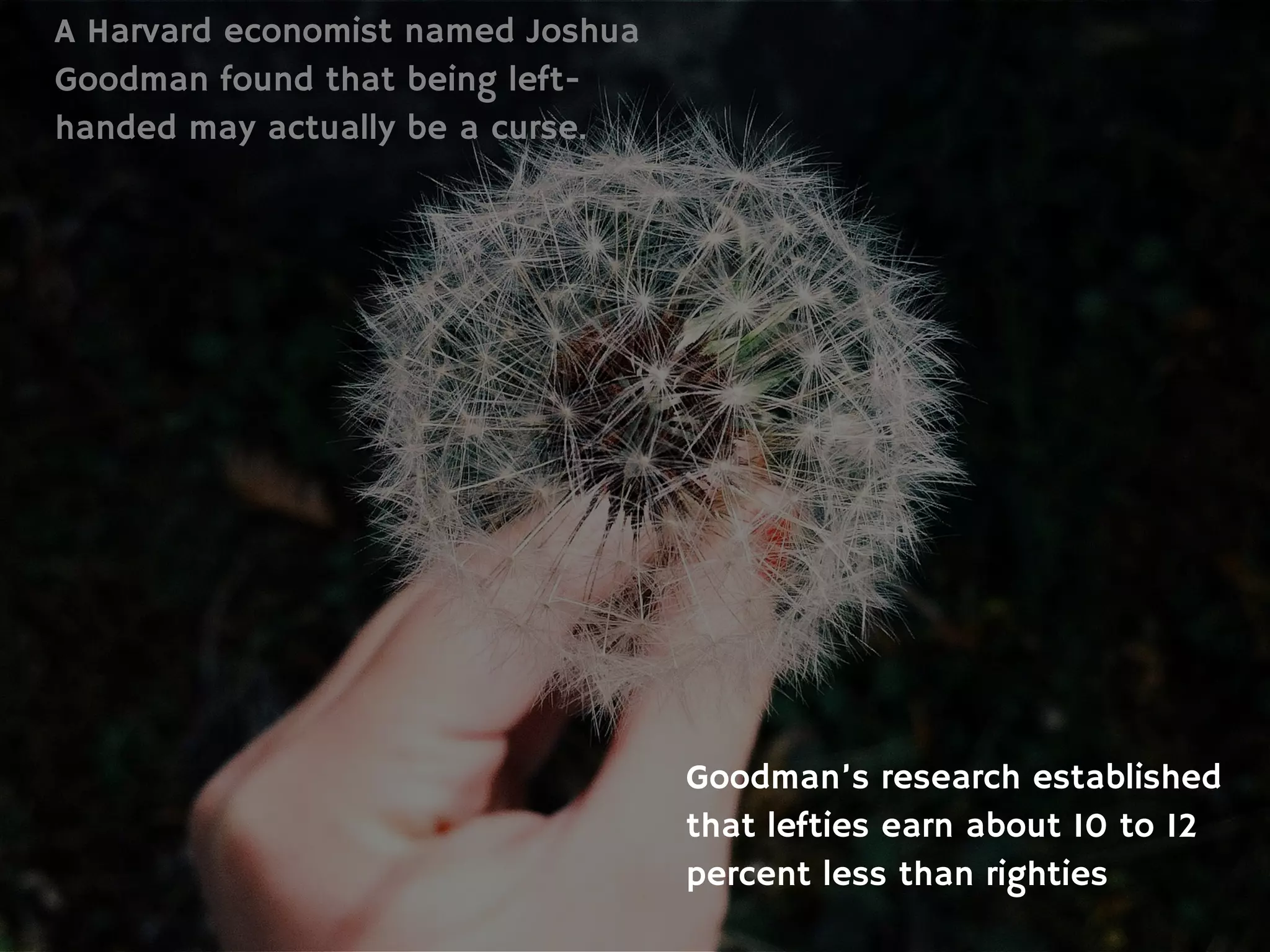 A Harvard economist named Joshua
Goodman found that being left-
handed may actually be a curse.
Goodman’s research established
that lefties earn about 10 to 12
percent less than righties
 