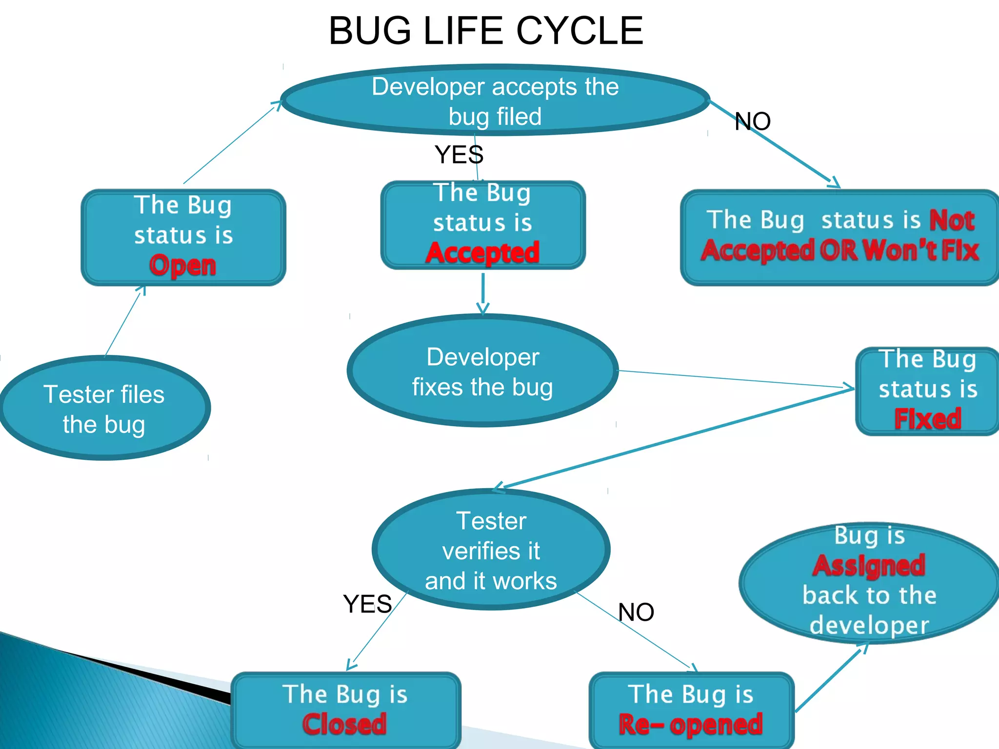 BUG LIFE CYCLE
Developer accepts the
bug filed
YES

Developer
fixes the bug

Tester files
the bug

YES

Tester
verifies it
and it works

NO

NO

 