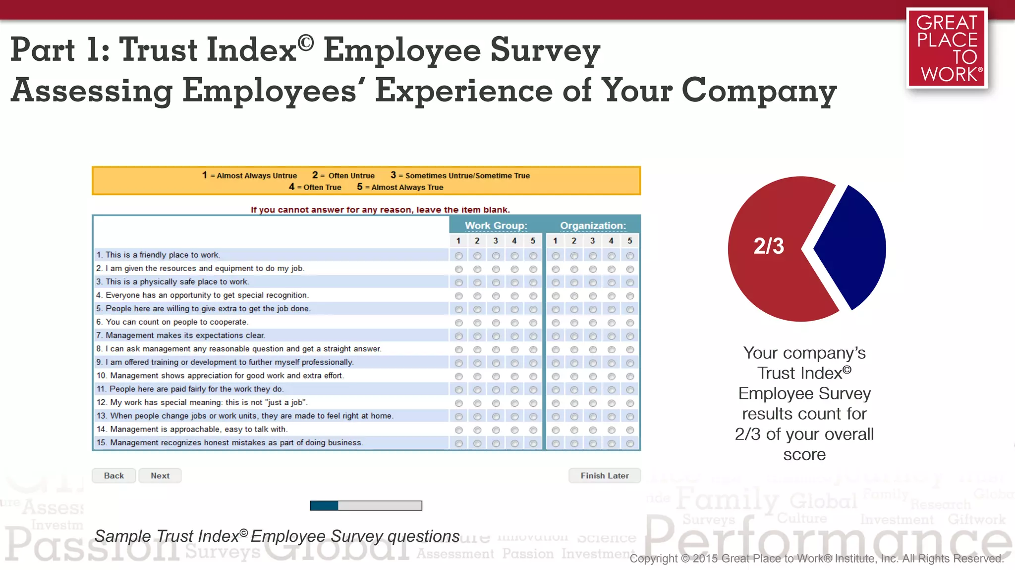 2/3
Part 1: Trust Index© Employee Survey
Assessing Employees’ Experience of Your Company
Sample Trust Index© Employee Survey questions
Your company’s
Trust Index©
Employee Survey
results count for
2/3 of your overall
score
 