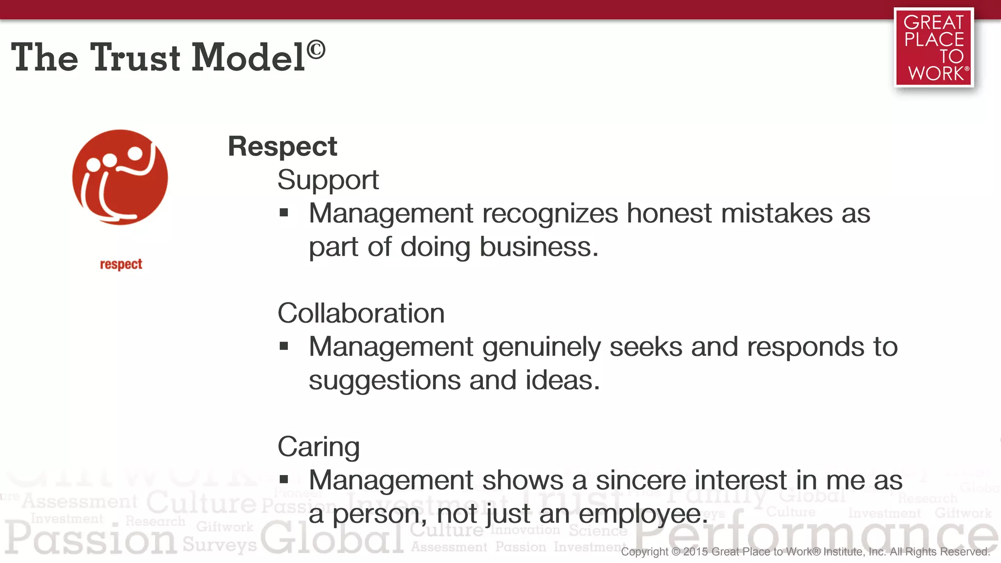 2/3 1/3
Respect
Support
 Management recognizes honest mistakes as
part of doing business.
Collaboration
 Management genuinely seeks and responds to
suggestions and ideas.
Caring
 Management shows a sincere interest in me as
a person, not just an employee.
The Trust Model©
 