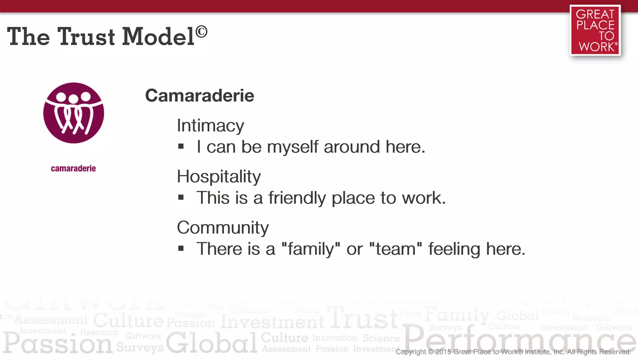 2/3 1/3
Camaraderie
Intimacy
 I can be myself around here.
Hospitality
 This is a friendly place to work.
Community
 There is a "family" or "team" feeling here.
The Trust Model©
 