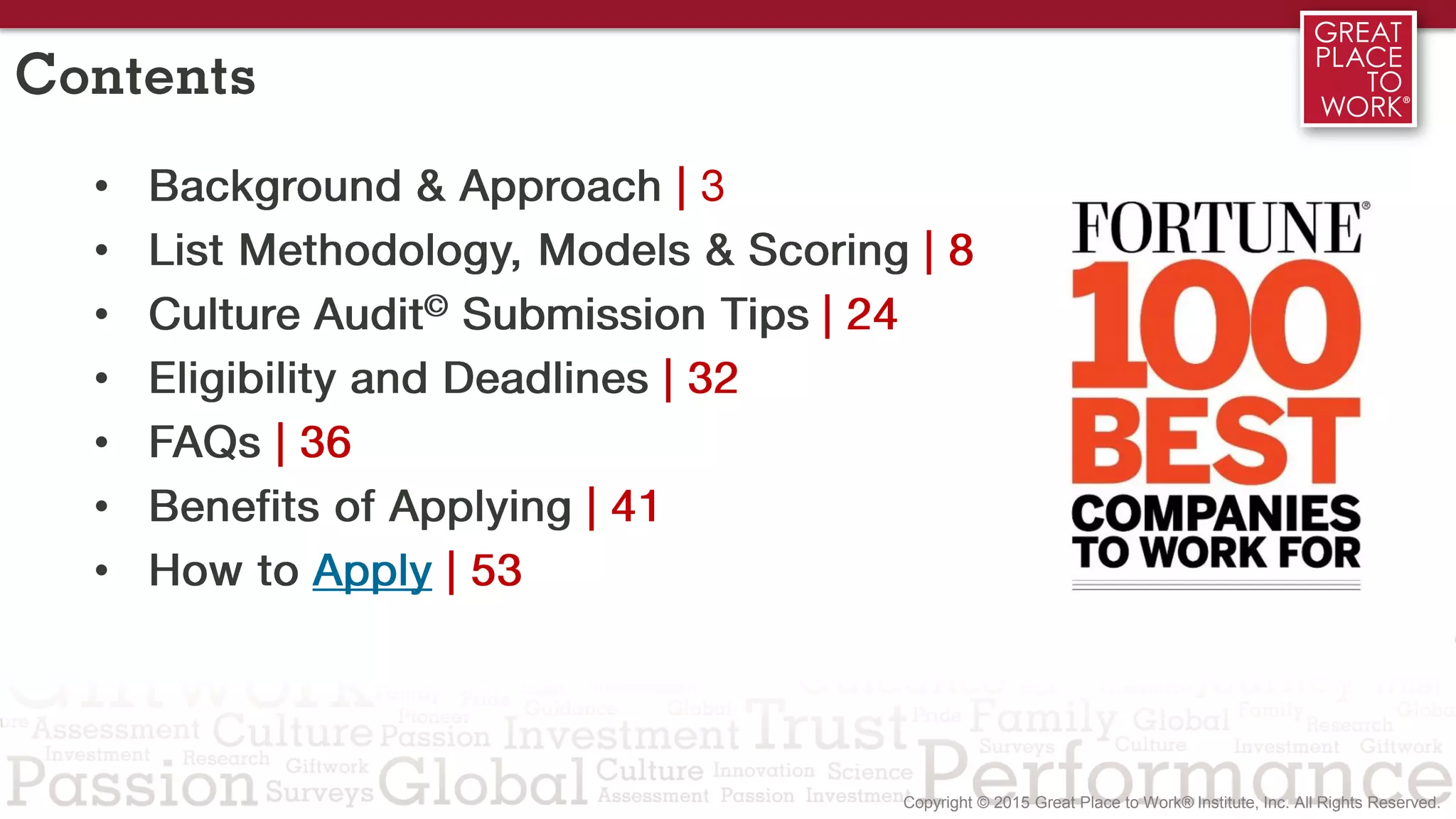 Contents
• Background & Approach | 3
• List Methodology, Models & Scoring | 8
• Culture Audit© Submission Tips | 24
• Eligibility and Deadlines | 32
• FAQs | 36
• Benefits of Applying | 41
• How to Apply & Guide to Participation | 53
 