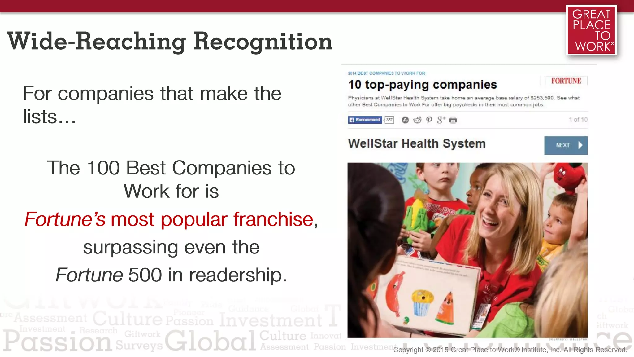 For companies that make the
lists…
The 100 Best Companies to
Work for is
Fortune’s most popular franchise,
surpassing even the
Fortune 500 in readership.
Wide-Reaching Recognition
 