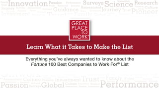 Learn What it Takes to Make the List
Everything you’ve always wanted to know about the
Fortune 100 Best Companies to Work For® List
 