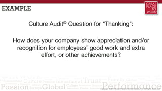 EXAMPLE
Culture Audit© Question for “Thanking”:
How does your company show appreciation and/or
recognition for employees' good work and extra
effort, or other achievements?
 