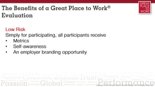 Low Risk
Simply for participating, all participants receive
• Metrics
• Self-awareness
• An employer branding opportunity
The Benefits of a Great Place to Work®
Evaluation
 