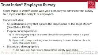 2/3 1/3
Trust Index© Employee Survey
Great Place to Work® works with your company to administer the survey
to a representa...
