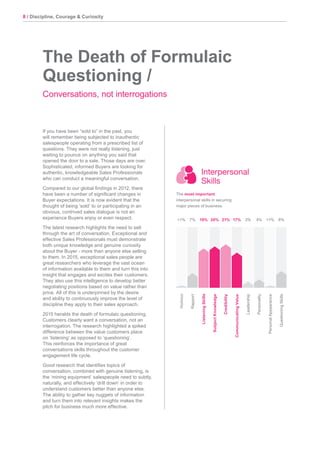 8 / Discipline, Courage & Curiosity
The Death of Formulaic
Questioning /
Conversations, not interrogations
If you have been “sold to” in the past, you
will remember being subjected to inauthentic
salespeople operating from a prescribed list of
questions. They were not really listening, just
waiting to pounce on anything you said that
opened the door to a sale. Those days are over.
Sophisticated, informed Buyers are looking for
authentic, knowledgeable Sales Professionals
who can conduct a meaningful conversation.
Compared to our global findings in 2012, there
have been a number of significant changes in
Buyer expectations. It is now evident that the
thought of being ‘sold’ to or participating in an
obvious, contrived sales dialogue is not an
experience Buyers enjoy or even respect.
The latest research highlights the need to sell
through the art of conversation. Exceptional and
effective Sales Professionals must demonstrate
both unique knowledge and genuine curiosity
about the Buyer - more than anyone else selling
to them. In 2015, exceptional sales people are
great researchers who leverage the vast ocean
of information available to them and turn this into
insight that engages and excites their customers.
They also use this intelligence to develop better
negotiating positions based on value rather than
price. All of this is underpinned by the desire
and ability to continuously improve the level of
discipline they apply to their sales approach.
2015 heralds the death of formulaic questioning.
Customers clearly want a conversation, not an
interrogation. The research highlighted a spiked
difference between the value customers place
on ‘listening’ as opposed to ‘questioning’.
This reinforces the importance of great
conversations skills throughout the customer
engagement life cycle.
Good research that identifies topics of
conversation, combined with genuine listening, is
the ‘mining equipment’ salespeople need to subtly,
naturally, and effectively ‘drill down’ in order to
understand customers better than anyone else.
The ability to gather key nuggets of information
and turn them into relevant insights makes the
pitch for business much more effective.
Interpersonal
Skills
The most important
interpersonal skills in securing
major pieces of business.
Humour
SubjectKnowledge
Credibility
QuestioningSkills
Leadership
Personality
PersonalAppearance
CommunicatingValue
<1%
Rapport
ListeningSkills
7% 19% 20% 21% 8%3% 4% <1%17%
 