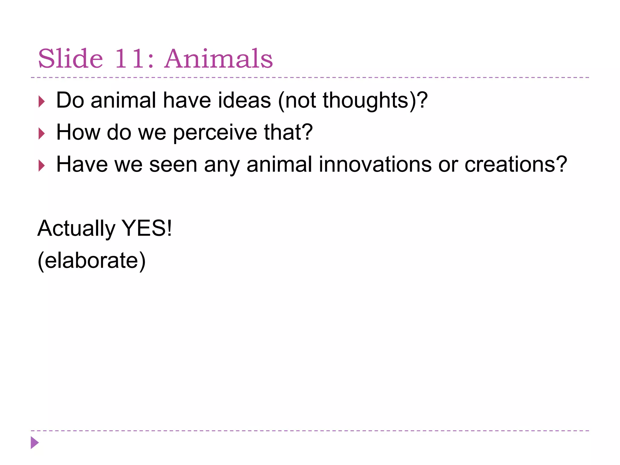Slide 11: AnimalsDo animal haveideas (not thoughts)?How do we perceive that? Have we seen any animal innovations or creations?Actually YES!(elaborate)