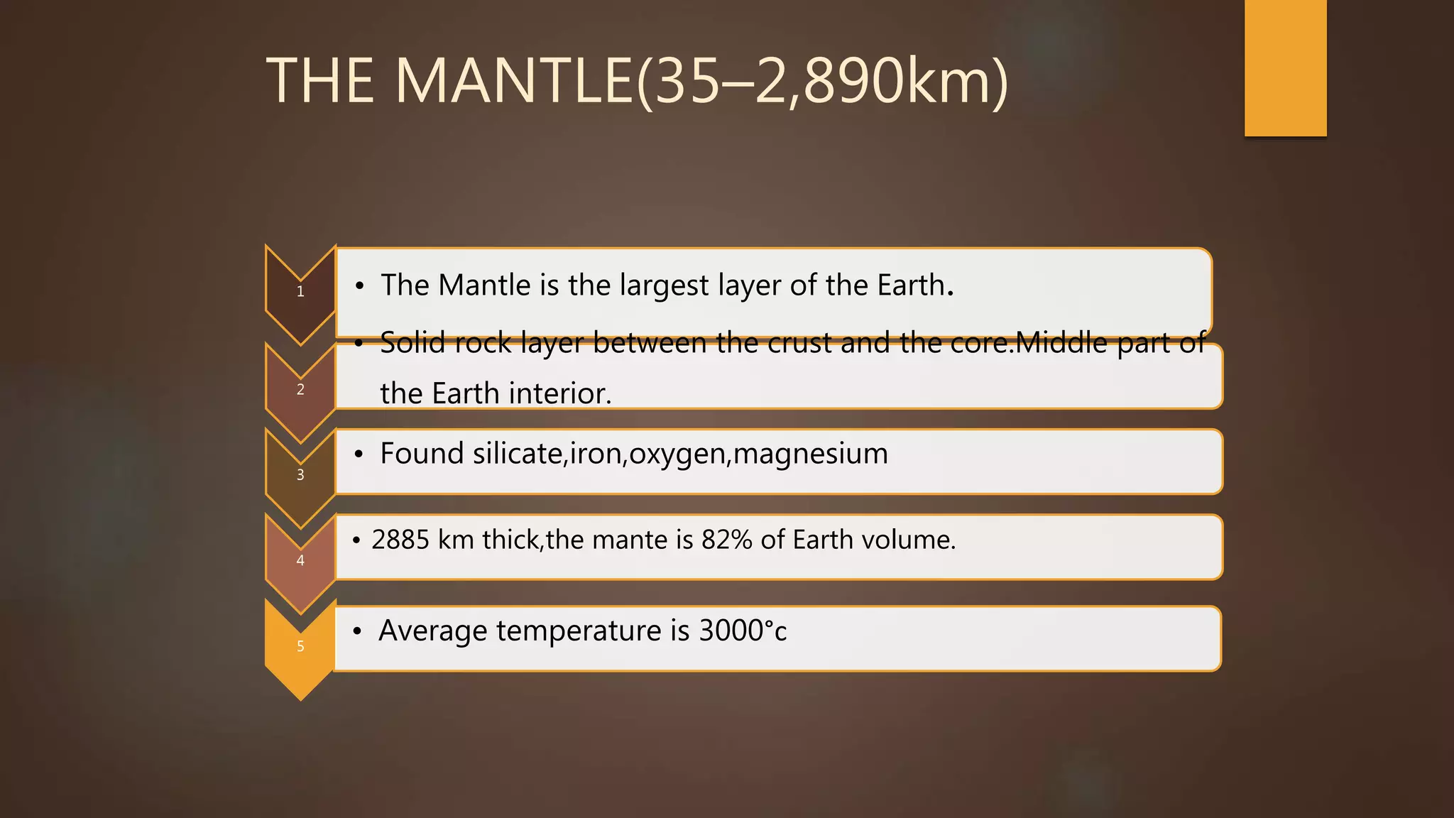 THE MANTLE(35–2,890km)
1 • The Mantle is the largest layer of the Earth.
2
• Solid rock layer between the crust and the core.Middle part of
the Earth interior.
3
• Found silicate,iron,oxygen,magnesium
4
• 2885 km thick,the mante is 82% of Earth volume.
5
• Average temperature is 3000°c
 