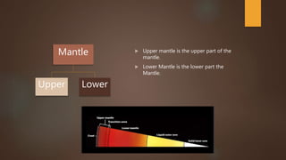 Mantle
Upper Lower
 Upper mantle is the upper part of the
mantle.
 Lower Mantle is the lower part the
Mantle.
 