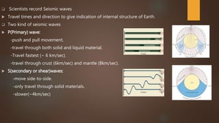  Scientists record Seismic waves
 Travel times and direction to give indication of internal structure of Earth.
 Two kind of seismic waves
 P(Primary) wave:
-push and pull movement.
-travel through both solid and liquid material.
-Travel fastest (~ 6 km/sec).
-travel through crust (6km/sec) and mantle (8km/sec).
 S(secondary or shear)waves:
-move side-to-side.
-only travel through solid materials.
-slower(~4km/sec)
 