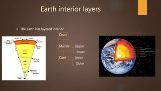 Earth interior layers
 The earth has layered interior
Crust
Mantle Upper
lower
Core Inner
Outer
 