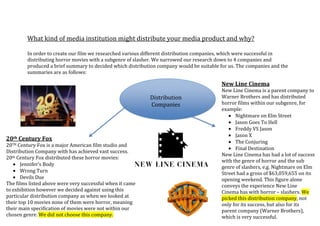 What kind of media institution might distribute your media product and why?
In order to create our film we researched various different distribution companies, which were successful in
distributing horror movies with a subgenre of slasher. We narrowed our research down to 4 companies and
produced a brief summary to decided which distribution company would be suitable for us. The companies and the
summaries are as follows:
Distribution
Companies
20th Century Fox
20TH Century Fox is a major American film studio and
Distribution Company with has achieved vast success.
20th Century Fox distributed these horror movies:
Jennifer’s Body
Wrong Turn
Devils Due
The films listed above were very successful when it came
to exhibition however we decided against using this
particular distribution company as when we looked at
their top 10 movies none of them were horror, meaning
their main specification of movies were not within our
chosen genre. We did not choose this company.
New Line Cinema
New Line Cinema is a parent company to
Warner Brothers and has distributed
horror films within our subgenre, for
example:
Nightmare on Elm Street
Jason Goes To Hell
Freddy VS Jason
Jason X
The Conjuring
Final Destination
New Line Cinema has had a lot of success
with the genre of horror and the sub
genre of slashers, e.g. Nightmare on Elm
Street had a gross of $63,059,655 on its
opening weekend. This figure alone
conveys the experience New Line
Cinema has with horror – slashers. We
picked this distribution company, not
only for its success, but also for its
parent company (Warner Brothers),
which is very successful.
 