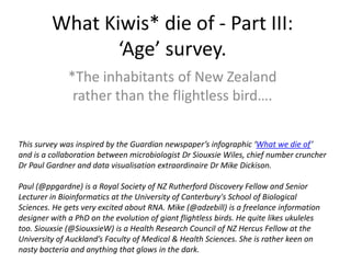What Kiwis* die of - Part III:
                ‘Age’ survey.
              *The inhabitants of New Zealand
               rather than the flightless bird….

This survey was inspired by the Guardian newspaper’s infographic ‘What we die of’
and is a collaboration between microbiologist Dr Siouxsie Wiles, chief number cruncher
Dr Paul Gardner and data visualisation extraordinaire Dr Mike Dickison.

Paul (@ppgardne) is a Royal Society of NZ Rutherford Discovery Fellow and Senior
Lecturer in Bioinformatics at the University of Canterbury's School of Biological
Sciences. He gets very excited about RNA. Mike (@adzebill) is a freelance information
designer with a PhD on the evolution of giant flightless birds. He quite likes ukuleles
too. Siouxsie (@SiouxsieW) is a Health Research Council of NZ Hercus Fellow at the
University of Auckland’s Faculty of Medical & Health Sciences. She is rather keen on
nasty bacteria and anything that glows in the dark.
 