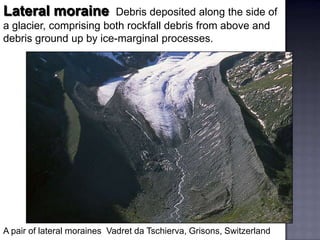 Lateral moraine Debris deposited along the side of
a glacier, comprising both rockfall debris from above and
debris ground up by ice-marginal processes.
A pair of lateral moraines Vadret da Tschierva, Grisons, Switzerland
 