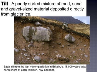 Till A poorly sorted mixture of mud, sand
and gravel-sized material deposited directly
from glacier ice.
Basal till from the last major glaciation in Britain, c. 18,000 years ago;
north shore of Loch Torridon, NW Scotland.
 