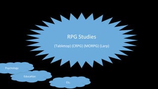 RPG	Studies	
	
(Tabletop)	(CRPG)	(MORPG)	(Larp)	
Educa>on	
Psychology	
Etc.	
 