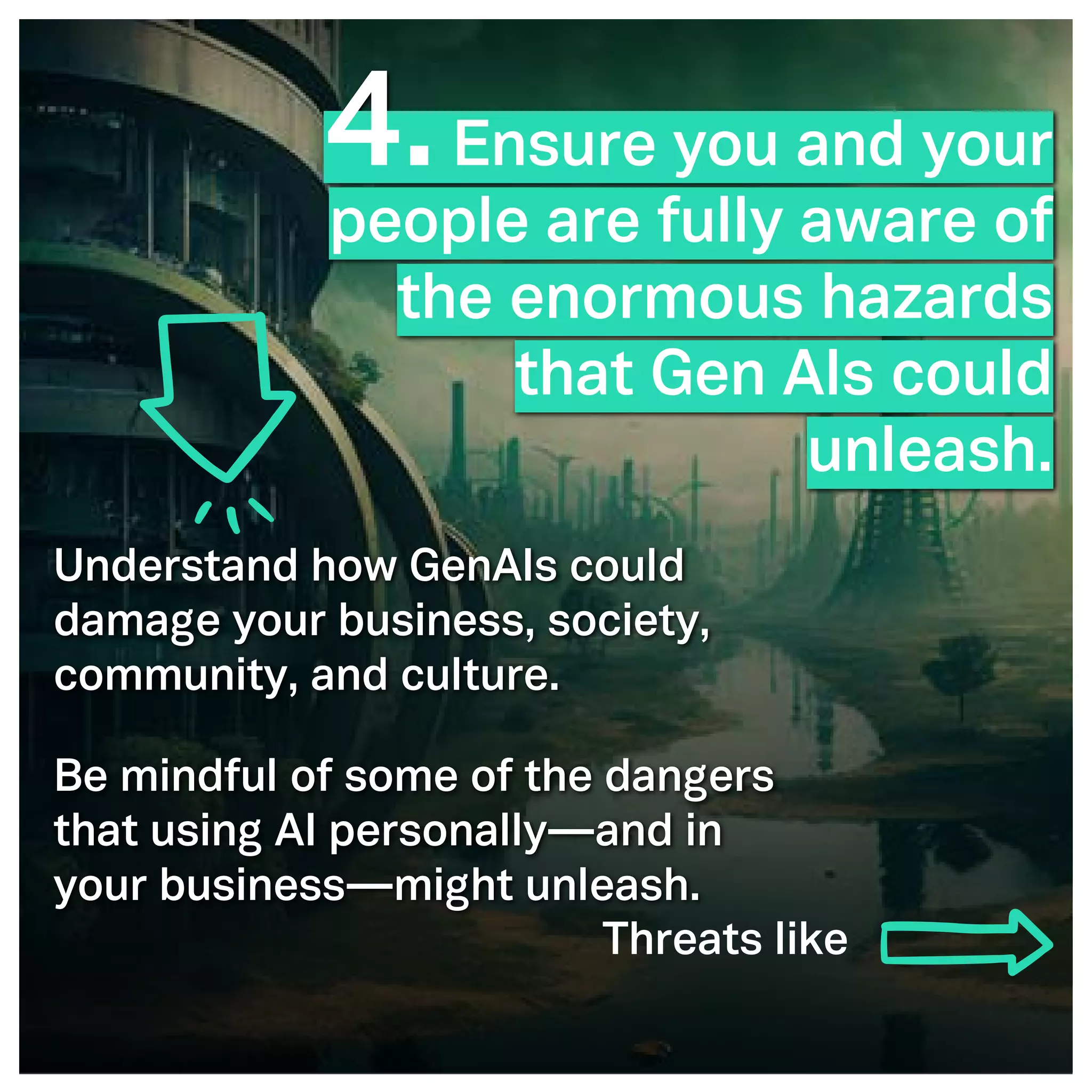 ©2005- Switch On Leadership www.switchonleadership.com
Leading with Generative AI
2
2
4.Ensure you and your
people are fully aware of
the enormous hazards
that Gen AIs could
unleash.
Understand how GenAIs could
damage your business, society,
community, and culture.
Be mindful of some of the dangers
that using AI personally—and in
your business—might unleash.
Threats like
 