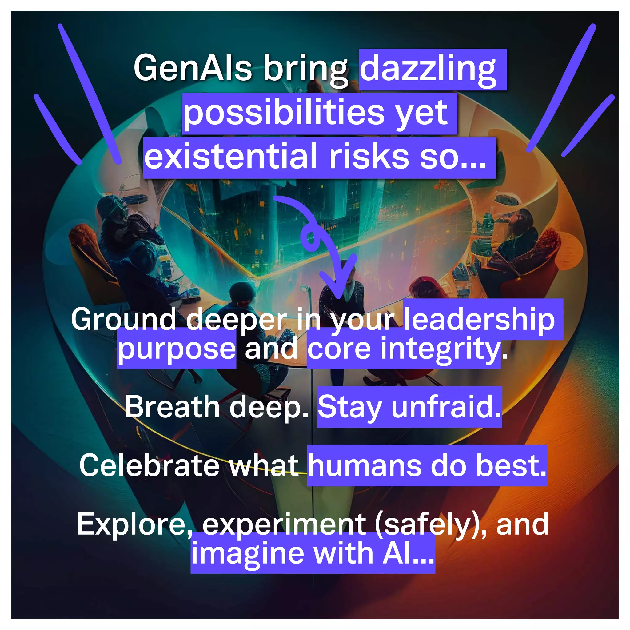 ©2005- Switch On Leadership www.switchonleadership.com
Leading with Generative AI
2
GenAIs bring dazzling
possibilities yet
existential risks so...
Ground deeper in your leadership
purpose and core integrity.
Breath deep. Stay unfraid.
Celebrate what humans do best.
Explore, experiment (safely), and
imagine with AI...
 
