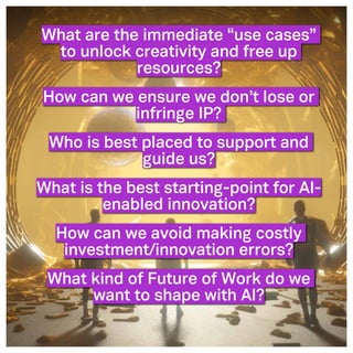 ©2005- Switch On Leadership www.switchonleadership.com
Leading with Generative AI
2
What are the immediate “use cases”
to unlock creativity and free up
resources?
How can we ensure we don’t lose or
infringe IP?
Who is best placed to support and
guide us?
What is the best starting-point for AI-
enabled innovation?
How can we avoid making costly
investment/innovation errors?
What kind of Future of Work do we
want to shape with AI?
 