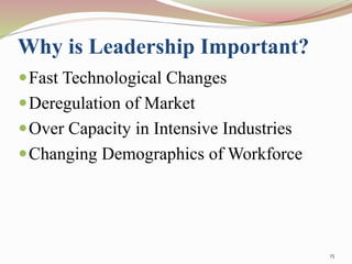 Why is Leadership Important?
Fast Technological Changes
Deregulation of Market
Over Capacity in Intensive Industries
Changing Demographics of Workforce
15
 