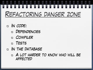 Refactoring danger zone
In code:
Dependencies
Compiler
Tests
In the database
A lot harder to know who will be
affected
 