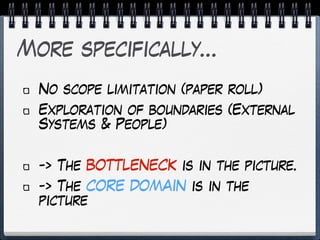 More specifically…
No scope limitation (paper roll)
Exploration of boundaries (External
Systems & People)
-> The BOTTLENECK is in the picture.
-> The CORE DOMAIN is in the
picture
 