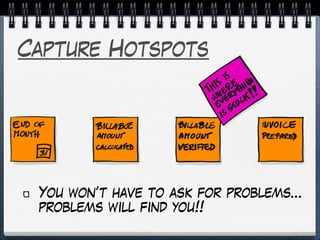 Capture Hotspots
You won’t have to ask for problems…
problems will find you!!
 