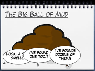 The Big Ball of Mud
Look, a code
smell!!!
I’ve found
one too!!
i’ve founds
dozens of
them!!
 