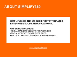 ABOUT SIMPLIFY360

SIMPLIFY360 IS THE WORLD’S FIRST INTEGRATED
ENTERPRISE SOCIAL MEDIA PLATFORM.
OFFERINGS INCLUDE:
•SOCIAL MARKETING SUITE FOR AGENCIES
•SOCIAL CONTACT CENTRE FOR BPOS
•SOCIAL COMMAND CENTRE FOR ENTERPRISES.

www.simplify360.com

 