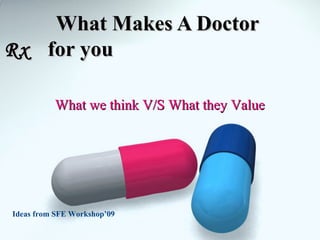 What Makes A Doctor
Rx for you
What we think V/S What they Value

Ideas from SFE Workshop’09

 