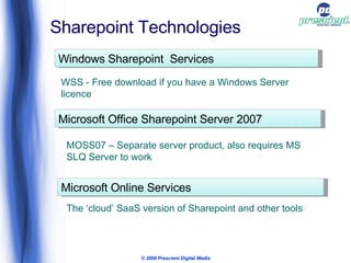 © 2009 Prescient Digital Media Sharepoint Technologies Windows Sharepoint  Services WSS - Free download if you have a Windows Server licence Microsoft Office Sharepoint Server 2007 The ‘cloud’ SaaS version of Sharepoint and other tools Microsoft Online Services MOSS07 – Separate server product, also requires MS SLQ Server to work 